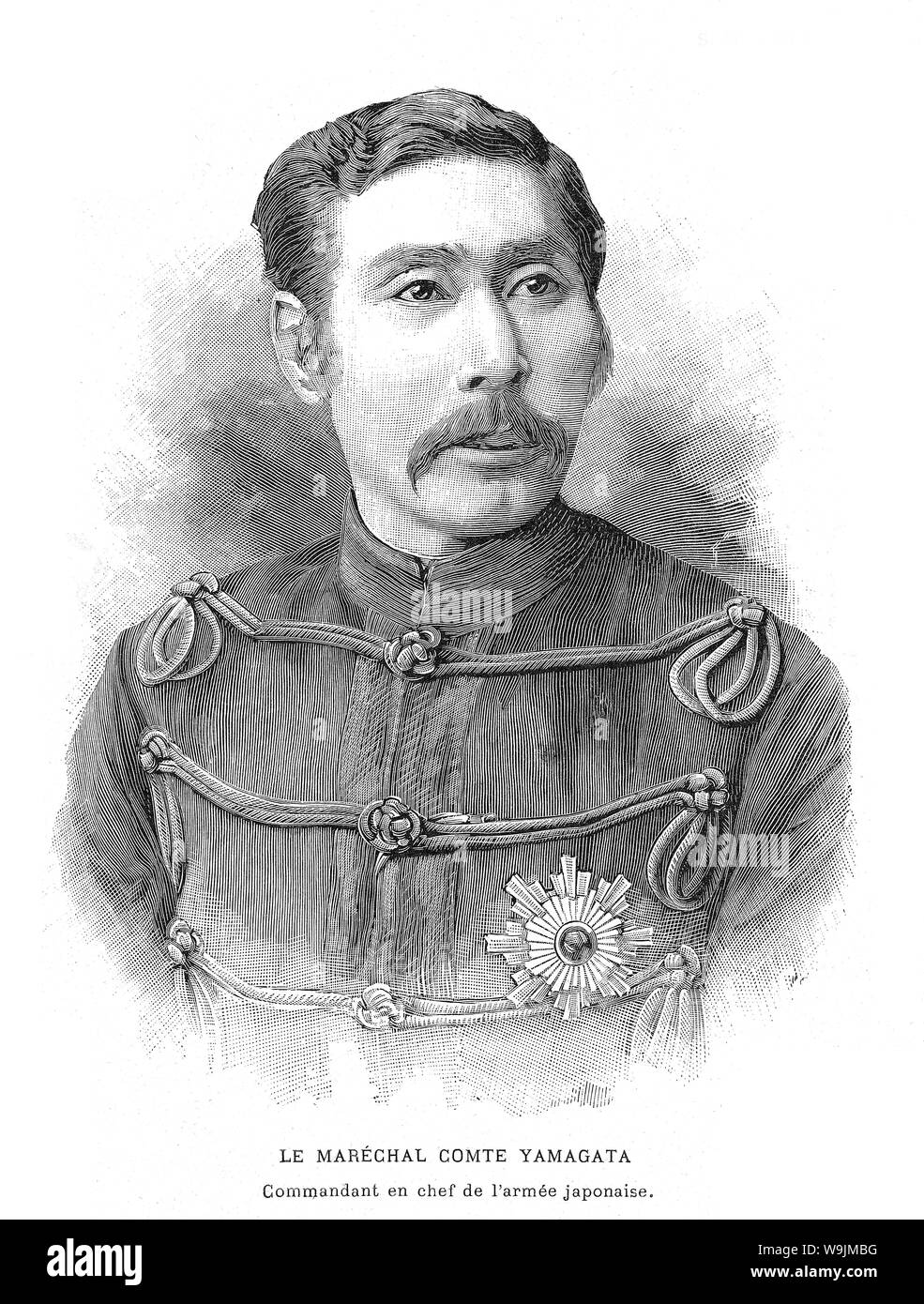 [ 1890s Japan - Japanese Field Marshal Aritomo Yamagata ] —   Aritomo Yamagata (山縣有朋, 1838–1922), was a field marshal in the Imperial Japanese Army and twice Prime Minister of Japan. He is one of the architects of the military and political foundations of early modern Japan.  Published in the French illustrated weekly L'Illustration on September 29, 1894 (Meiji 27).  19th century vintage newspaper illustration. Stock Photo