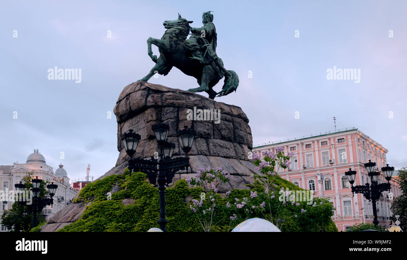 monument of Hetman Bohdan Khmelnytsky on Sophievskaya Square, against the blue sky Stock Photo