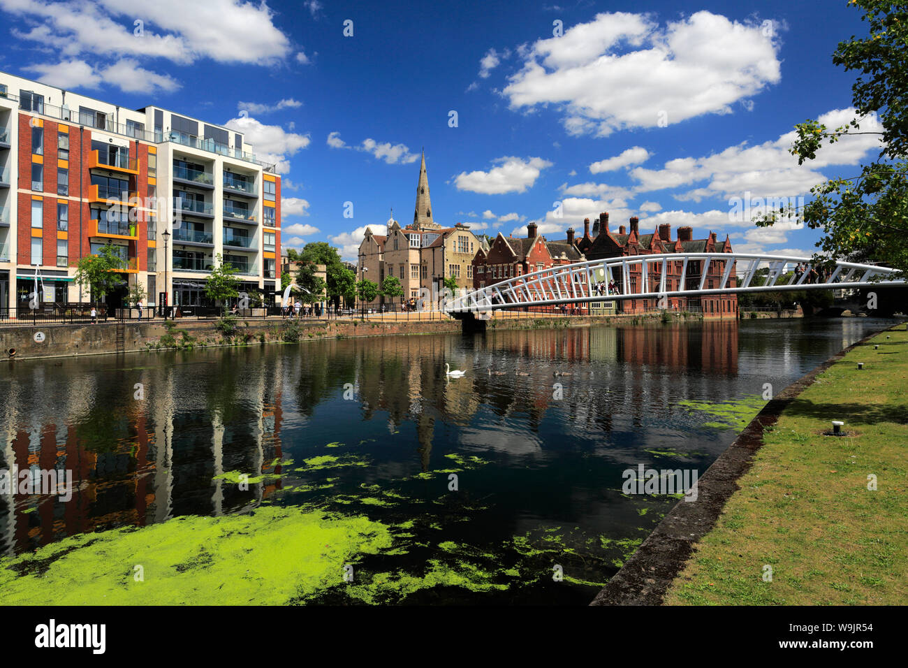 Buildings along the river Great Ouse embankment, Bedford town ...