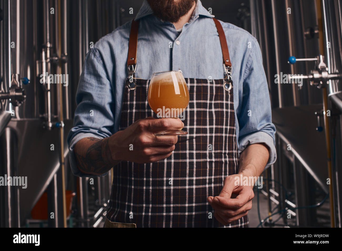 Bartender in the apron checks beer quality holding it in front of himself and looking at the color. Stock Photo
