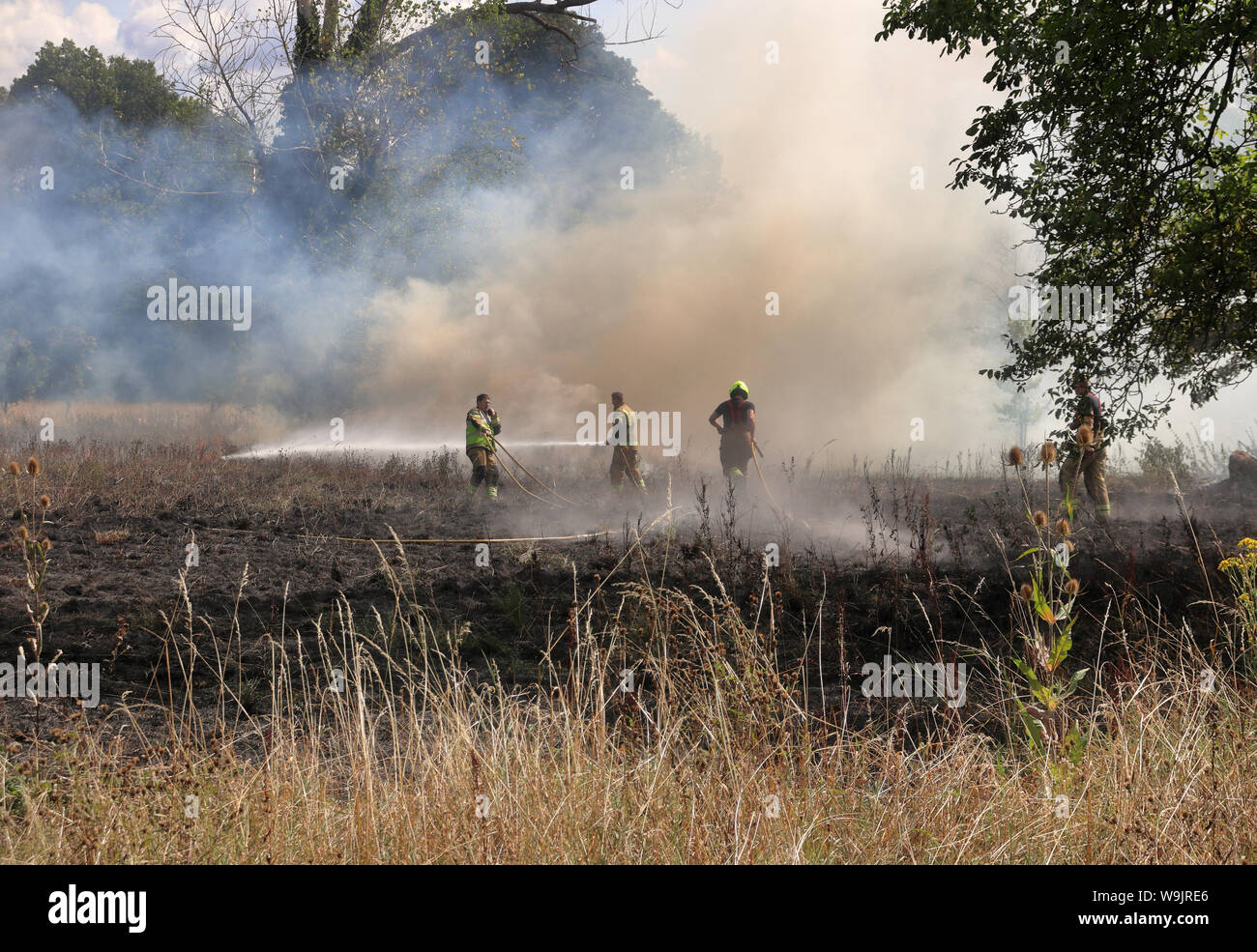 Firefighters at work tackling a field fire and pulling a hosepipe Stock Photo