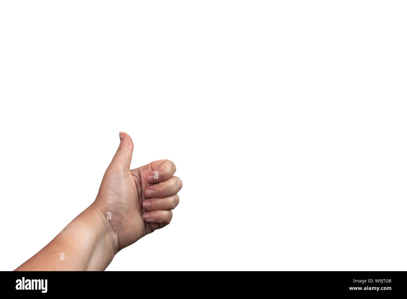 A single white hand giving the thumbs up gesture set against a white background Stock Photo