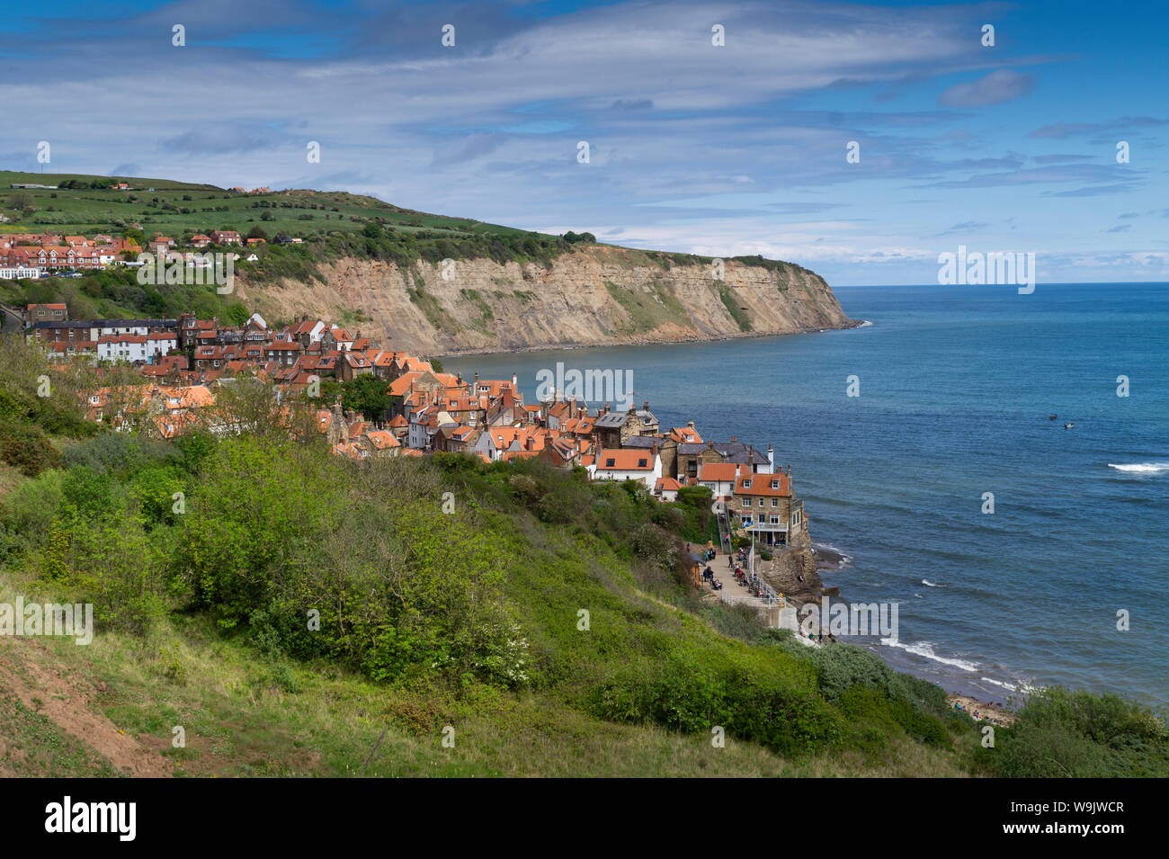 Robin Hood’s Bay viewed from the cliffs above. Stock Photo