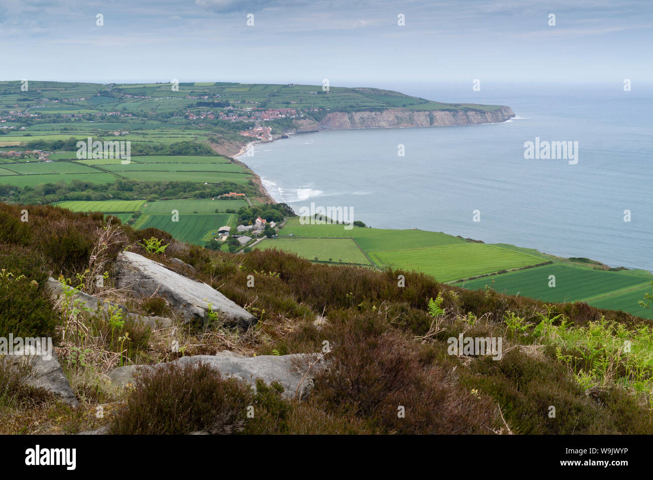 Robin Hood’s Bay viewed from the Moor just above Ravenscar. Stock Photo