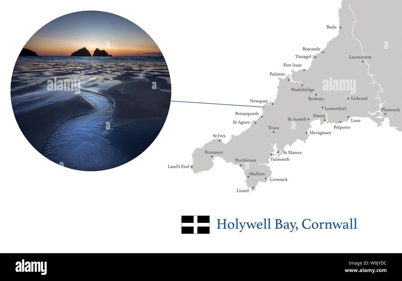 Map of Cornwall, featuring photographic image of Holywell Bay, and key towns of Cornwall marked on map. Stock Photo