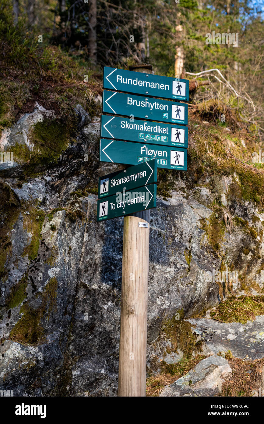 Sign post showing different walking routes for hikes in Bergen, Norway  across the 7 mountains Stock Photo - Alamy