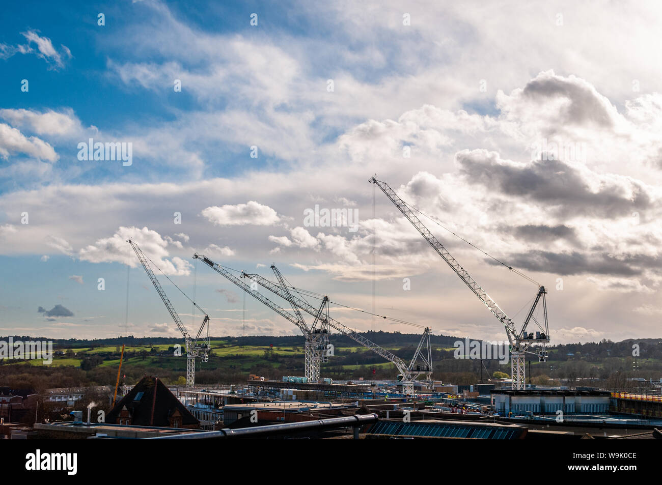 A birds eye view of the cranes building the Westgate shopping centre, Oxford in 2017. Stock Photo