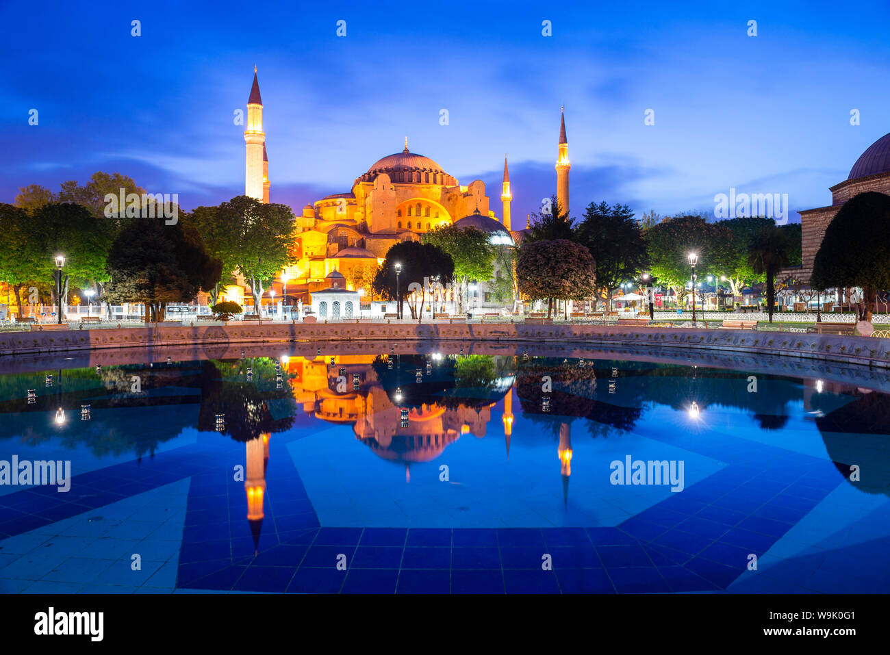 Hagia Sophia (Aya Sofya) (Santa Sofia), UNESCO World Heritage Site, reflection at night, Sultanahmet Square Park, Istanbul, Turkey, Europe Stock Photo