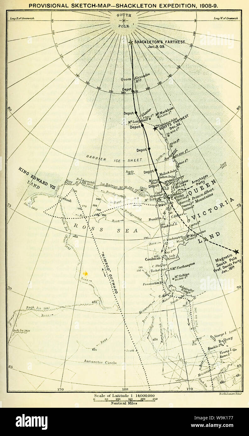 Sketch Map of Ernest Shackleton's Nimrod Expedition to the South Pole in 1908-1909, illustration 1909 Stock Photo