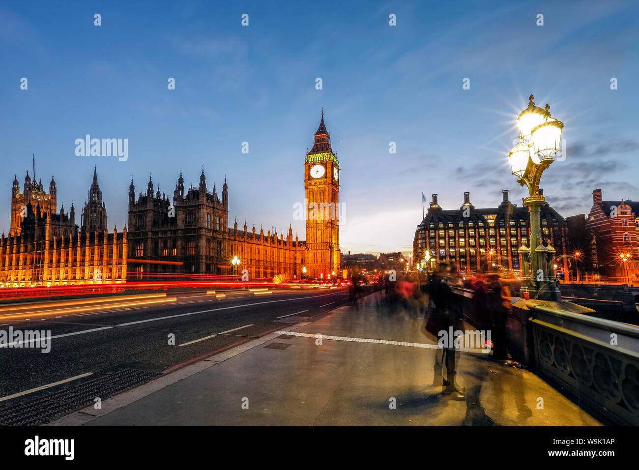 Big Ben and the Palace of Westminster from Westminster Bridge at night, London, England, United Kingdom, Europe Stock Photo