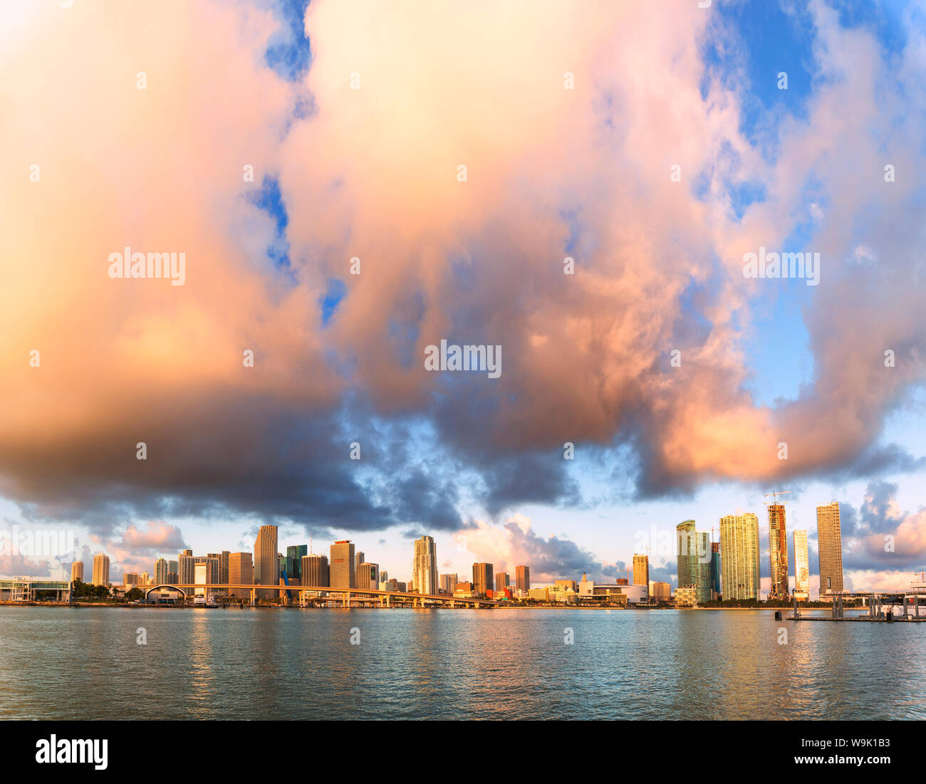 Panoramic of Miami skyline seen from Watson Island, Miami, Florida, United States of America, North America Stock Photo