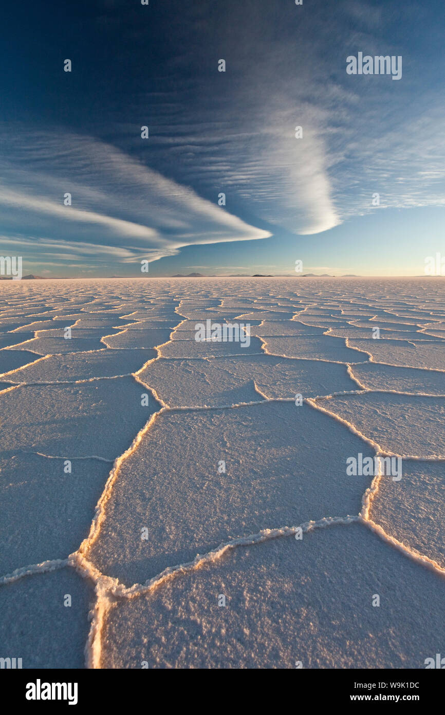 White, translucent salt crystals in the largest salt desert in the world, Salar de Uyuni, Bolivia, South America Stock Photo