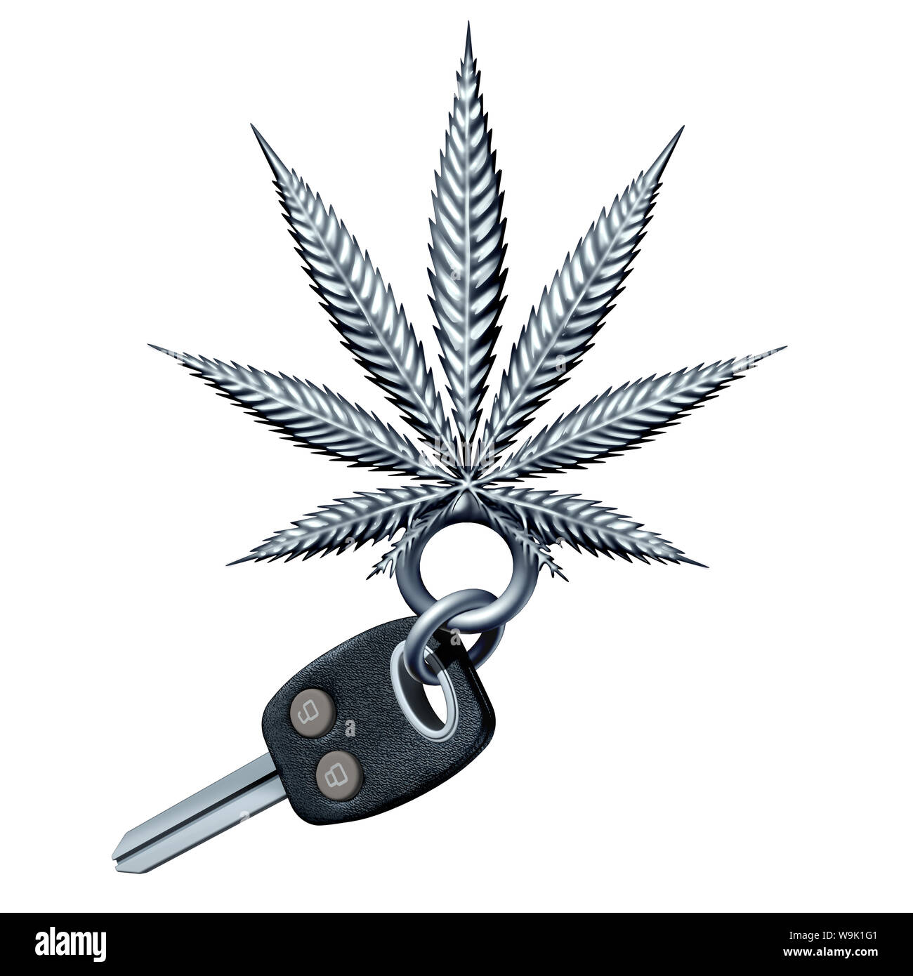 Cannabis and driving and marijuana impaired driver concept as a road safety symbol with car keys shaped as a weed leaf with 3D illustration elements. Stock Photo