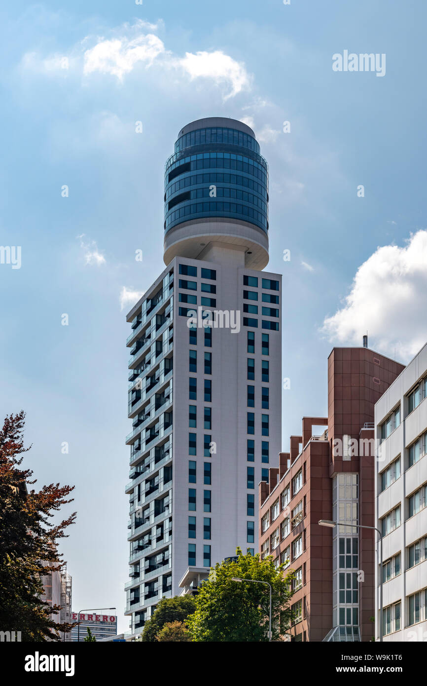 Henninger Turm tower block in Frankfurt. The tower replaces a near  identical grain silo for Henninger beer. The top is in the shape of a beer  barrel Stock Photo