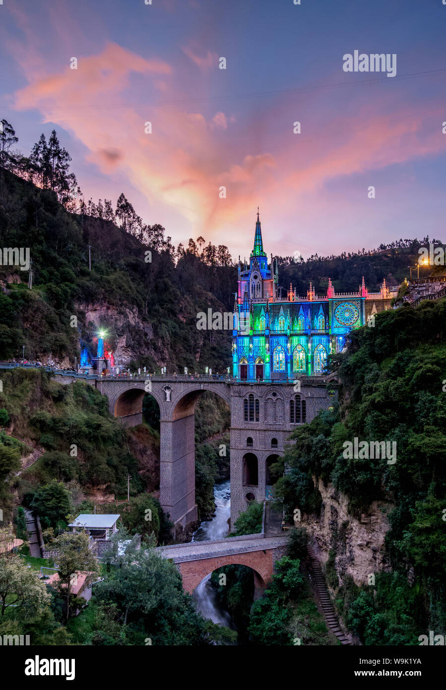 Las Lajas Sanctuary at dusk, Narino Departmant, Colombia, South America Stock Photo