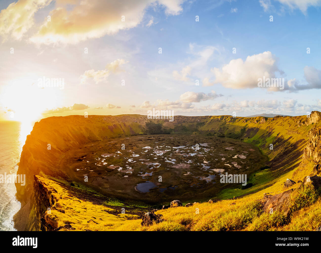 Crater of Rano Kau Volcano at sunset, Easter Island, Chile, South America Stock Photo