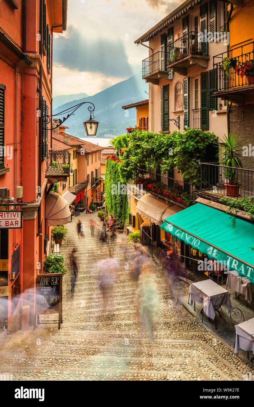 Tourists walk stairs in Bellagio, Province of Como, Lake Como, Italian Lakes, Lombardy, Italy, Europe Stock Photo