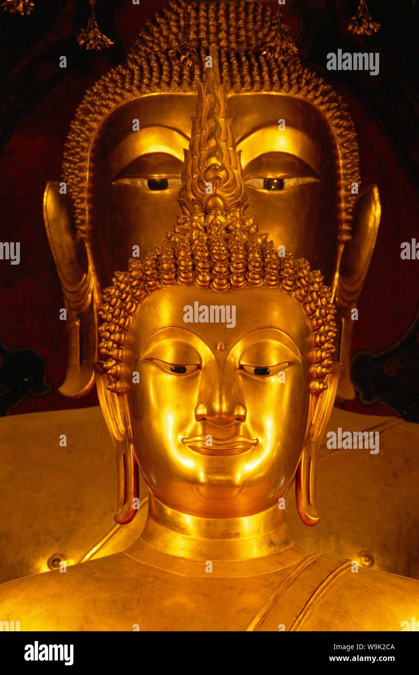 Twin Buddha images, the front is Phra Buddhachinnasi over 600 years old, in Wat Boworniwet in Bangkok, Thailand, Asia Stock Photo