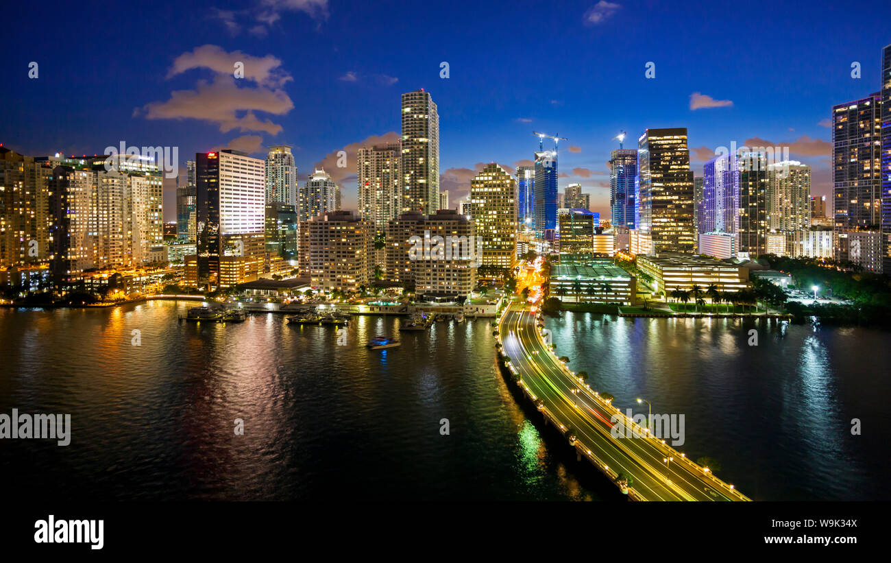 View from Brickell Key, a small island covered in apartment towers, towards the Miami skyline, Miami, Florida, United States of America, North America Stock Photo