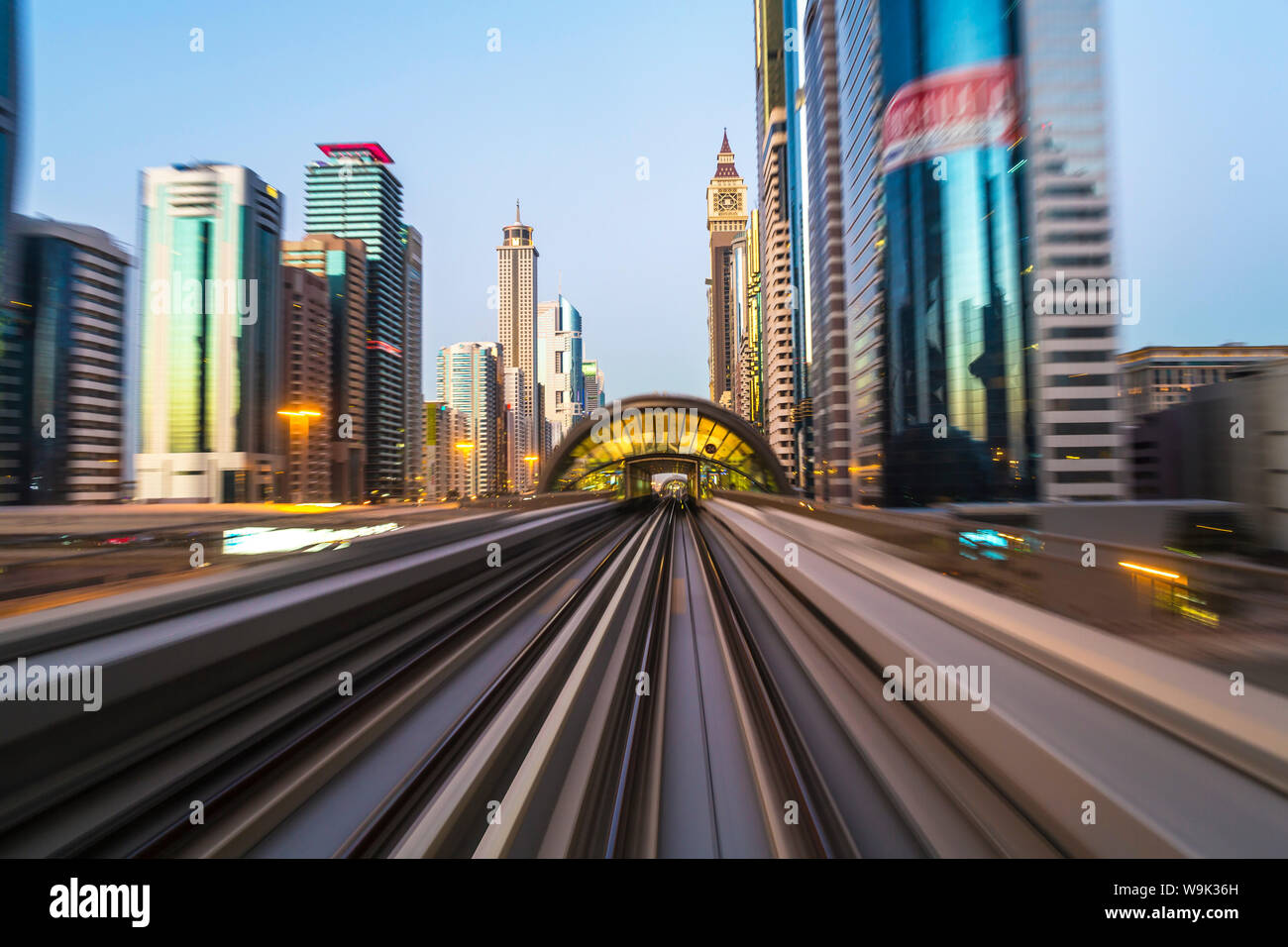 POV on the modern driverless Dubai elevated Rail Metro System, running alongside the Sheikh Zayed Road, Dubai, United Arab Emirates, Middle East Stock Photo