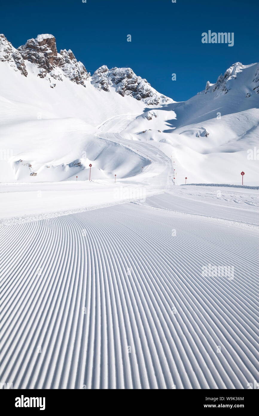 Newly groomed piste, St. Anton am Arlberg, Tirol, Austrian Alps, Austria, Europe Stock Photo