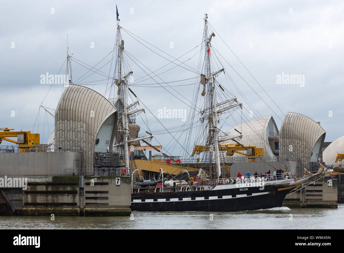 Charlton, London, United Kingdom. 14th Aug, 2019. French tall ship Belem pictured on her way out of London, approaching and passing through the Thames Barrier. The three-masted barque was built in 1896 and hasn't visited London since the time of the summer of 2012. Credit: Rob Powell/Alamy Live News Stock Photo