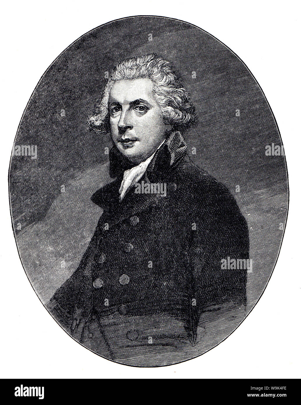 Portrait of Richard Brinsley Sheridan, Irish satirist, a playwright, poet, and long-term owner of the London Theatre Royal, Drury Lane. Black and Whit Stock Photo