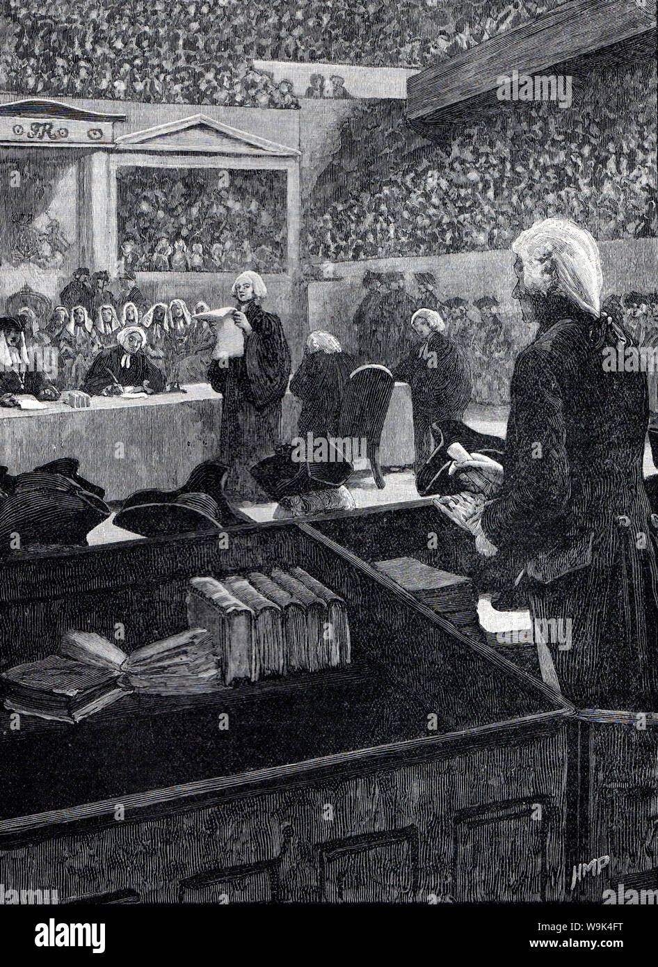 Trial of Warren Hastings, Governor General of India, Black and White Illustration; Stock Photo