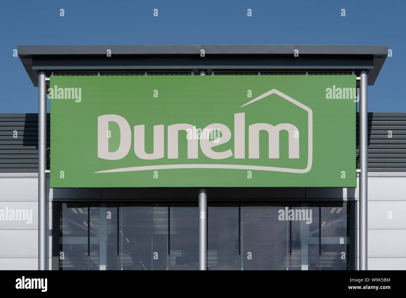 Signage for the retailer Dunelm on a retail parkin Bromborough, Wirral, Merseyside, UK. (Editorial use only). Stock Photo