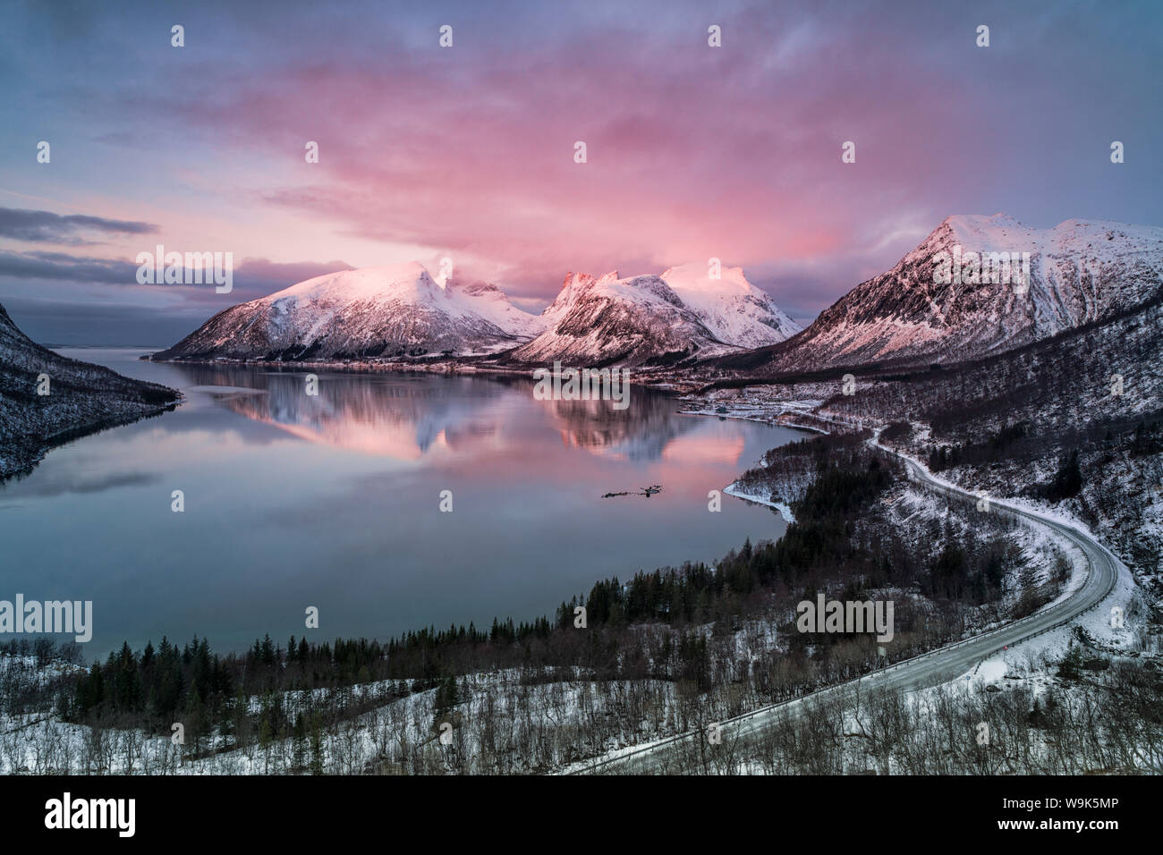 Pink Sky And Clouds On The Snowy Peaks Reflected In Cold Sea At Sunset