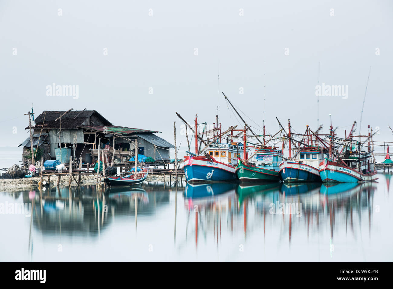 Shrimp fishing boats and house, Koh Phangan, Thailand, Southeast Asia, Asia Stock Photo