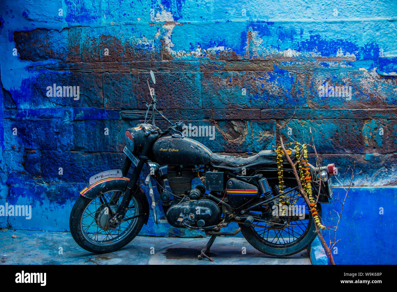 Motorcycle parked on the street of Jodhpur, the Blue City, Rajasthan, India, Asia Stock Photo