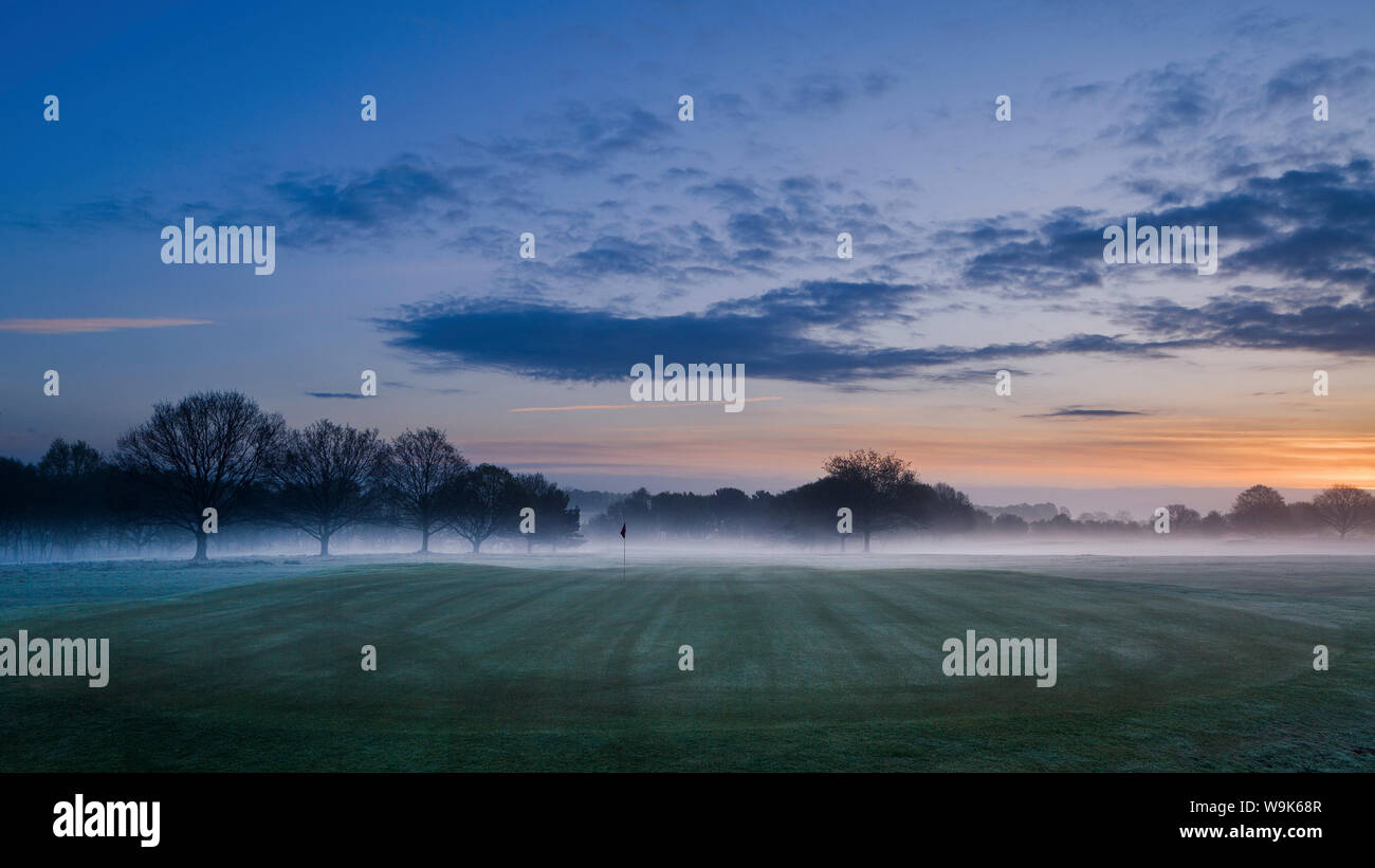 Dawn light seeps across the sky with mist lying across the landscape at Delamere Forest Golf Club, Cheshire, England, United Kingdom, Europe Stock Photo