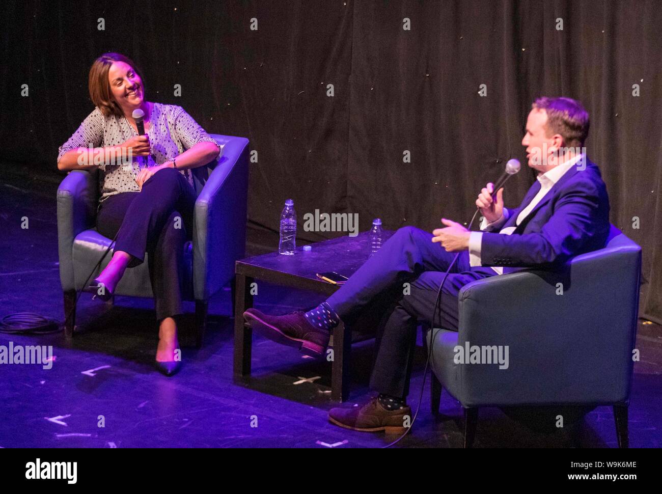 Edinburgh, UK. 14th Aug, 2019. Kezia Dugdale takes part in an interview with Matt Forde at the Edinburgh Fringe Festival. During the interview she confessed that she didn't think Jeremy Corbyn will become Prime Minister. Pictured: Kezia Dugdale and Matt Forde Credit: Rich Dyson/Alamy Live News Stock Photo