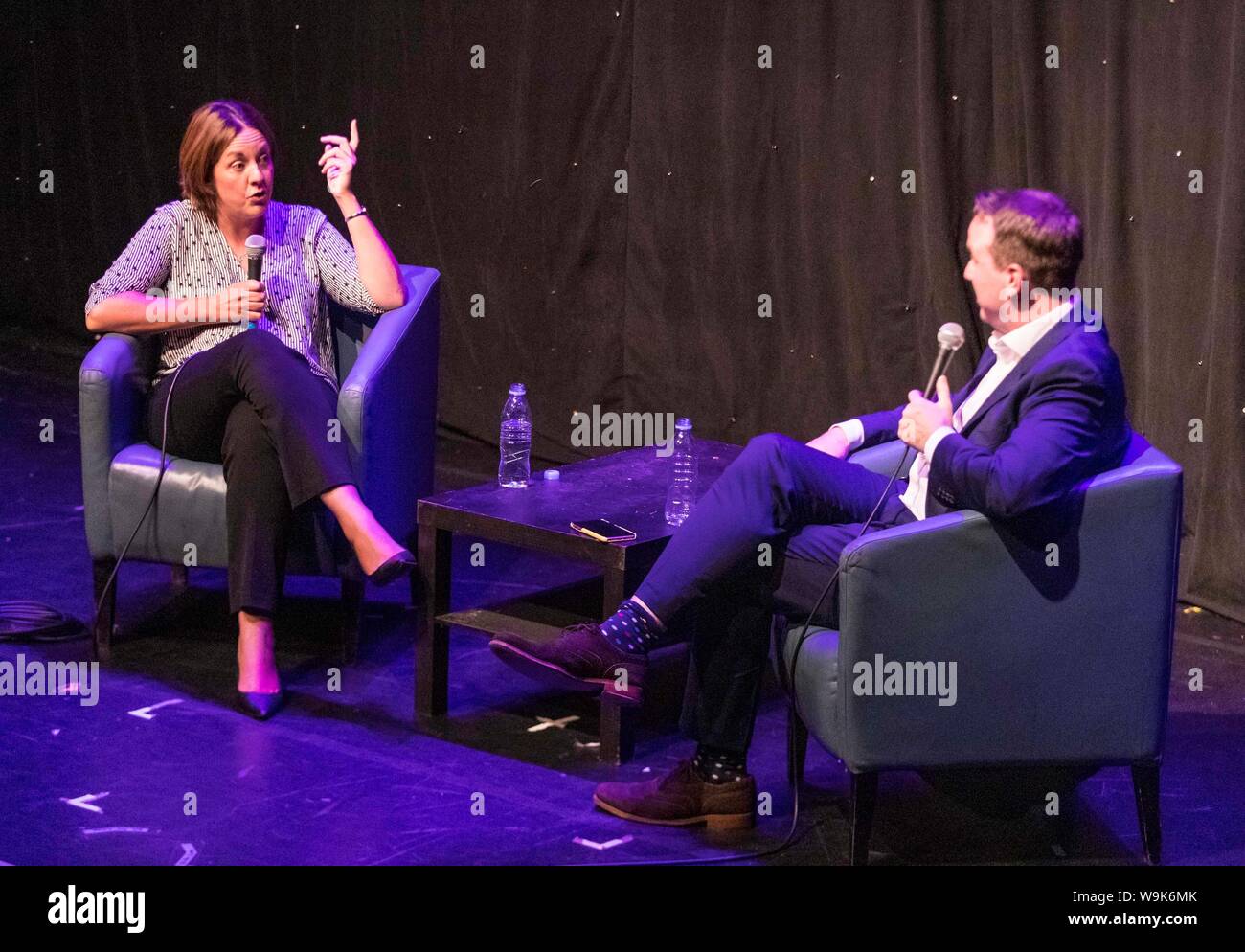 Edinburgh, UK. 14th Aug, 2019. Kezia Dugdale takes part in an interview with Matt Forde at the Edinburgh Fringe Festival. During the interview she confessed that she didn't think Jeremy Corbyn will become Prime Minister. Pictured: Kezia Dugdale and Matt Forde Credit: Rich Dyson/Alamy Live News Stock Photo
