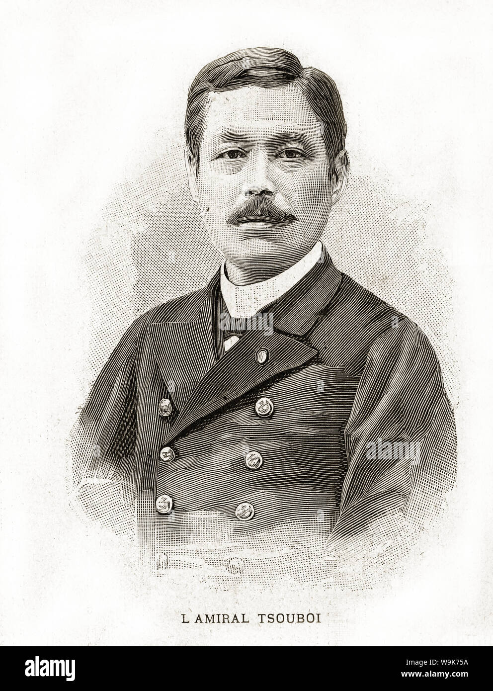 [ 1890s Japan - Japanese Admiral Kozo Tsuboi ] —   Kozo Tsuboi (坪井航三, 1843–1898) was an admiral of the Imperial Japanese Navy. He served during the First Sino-Japanese War (1894–1895).  Published in the French illustrated weekly L’Illustration on February 16, 1895 (Meiji 28).  19th century vintage newspaper illustration. Stock Photo