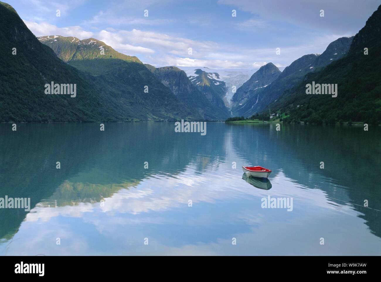 Tranquil scene near Olden, Oldevatnet Lake, Western Fjords, Norway, Scandinavia, Europe Stock Photo
