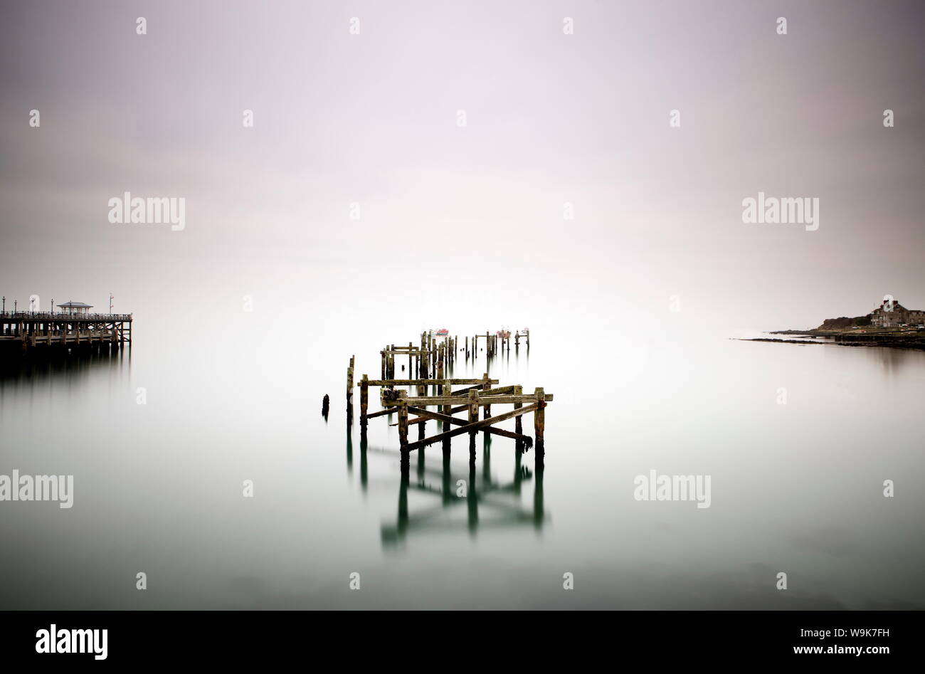 Remains of the old pier on misty morning, Swanage, Dorset, England, United Kingdom, Europe Stock Photo