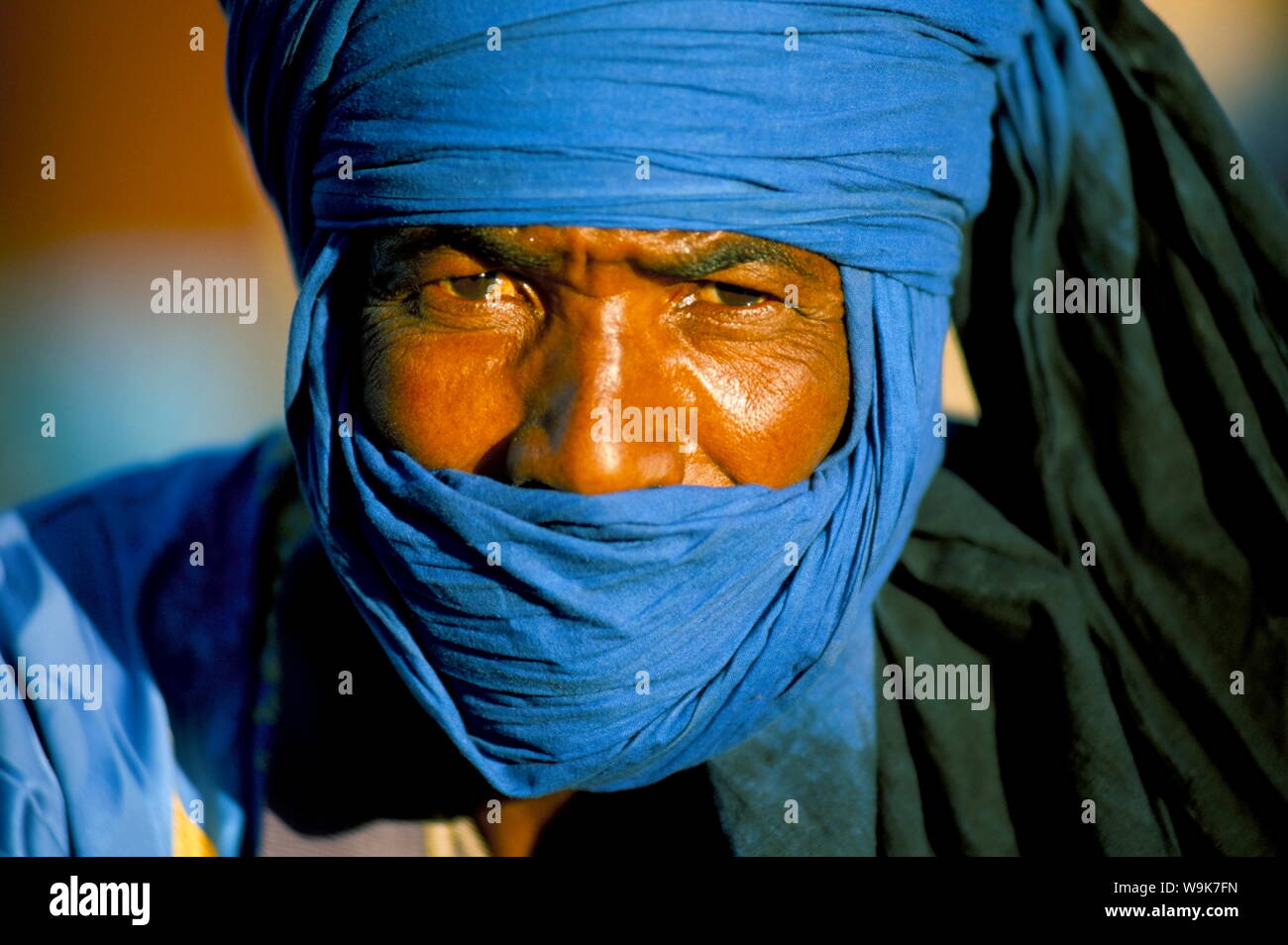 Man wearing blue headscarf, Djemma el Fna, Marrakech (Marrakesh), Morocco, North Africa, Africa Stock Photo