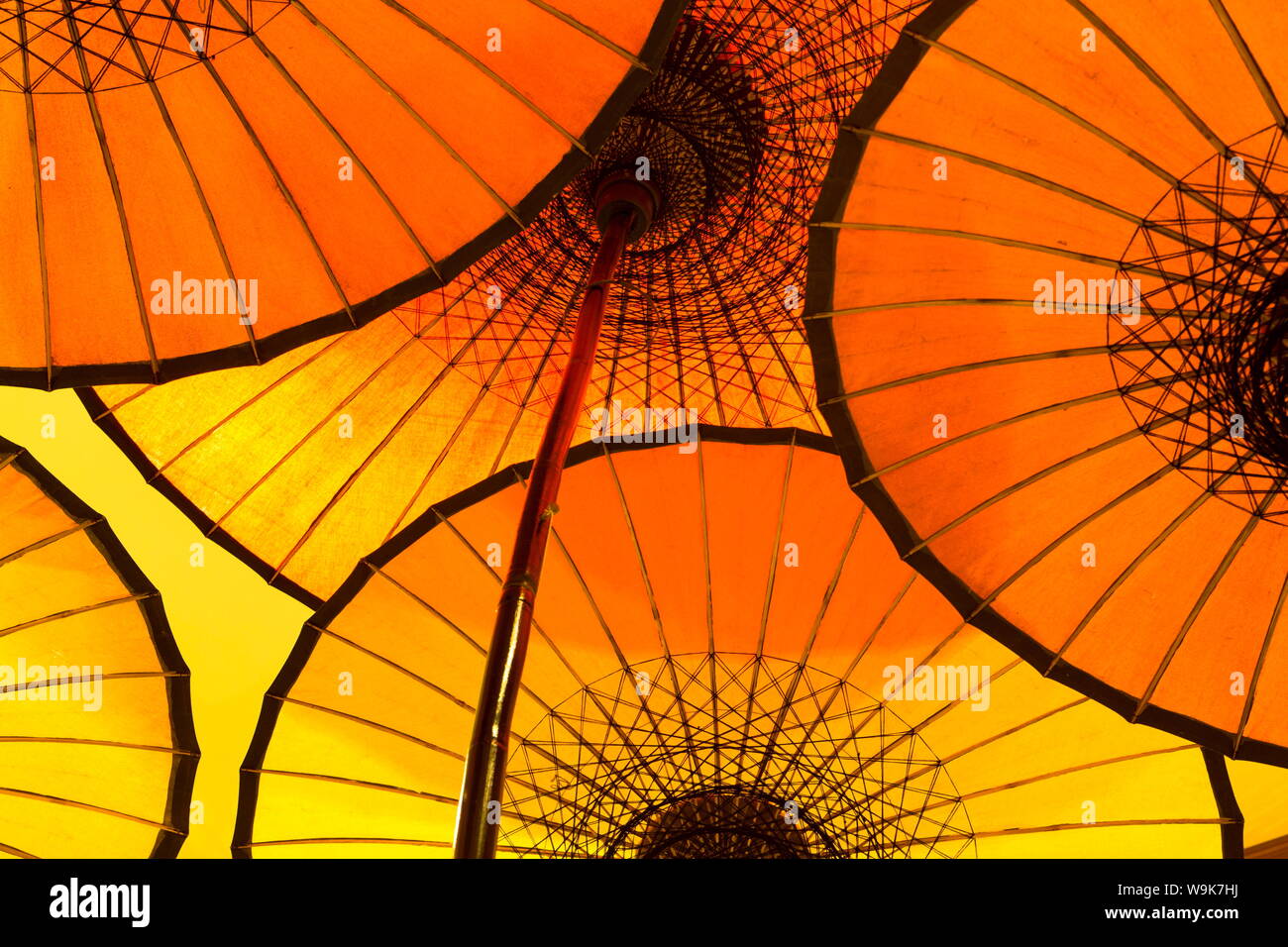 Colourful yellow and orange parasols backlight, Bagan, Myanmar (Burma), Southeast Asia Stock Photo