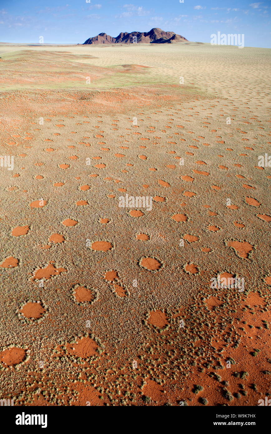 Aerial view from hot air balloon over magnificent desert landscape covered in Fairy Circles, Namib Rand game reserve Namib Naukluft Park, Namibia Stock Photo