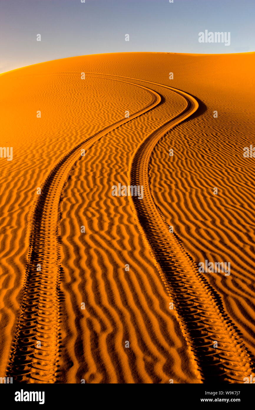 Fresh tyre tracks left by 4x4 recreational vehicle in the pristine sands of the Erg Chebbi sand sea near Merzouga, Morocco, North Africa, Africa Stock Photo