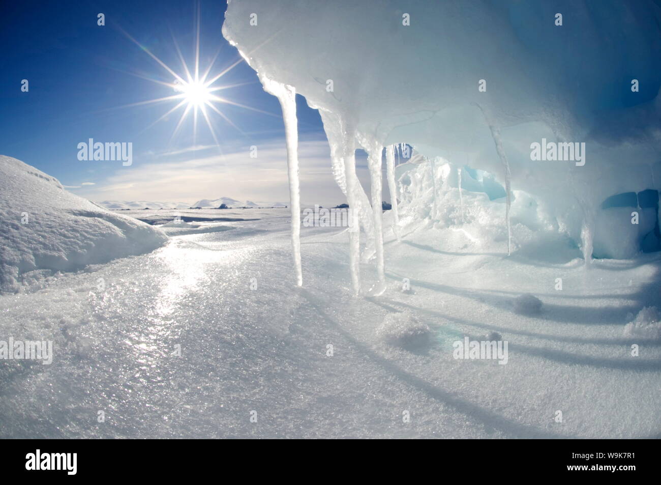 Icicles melting in the Arctic midnight sun, Nunavut, Canada, North America Stock Photo