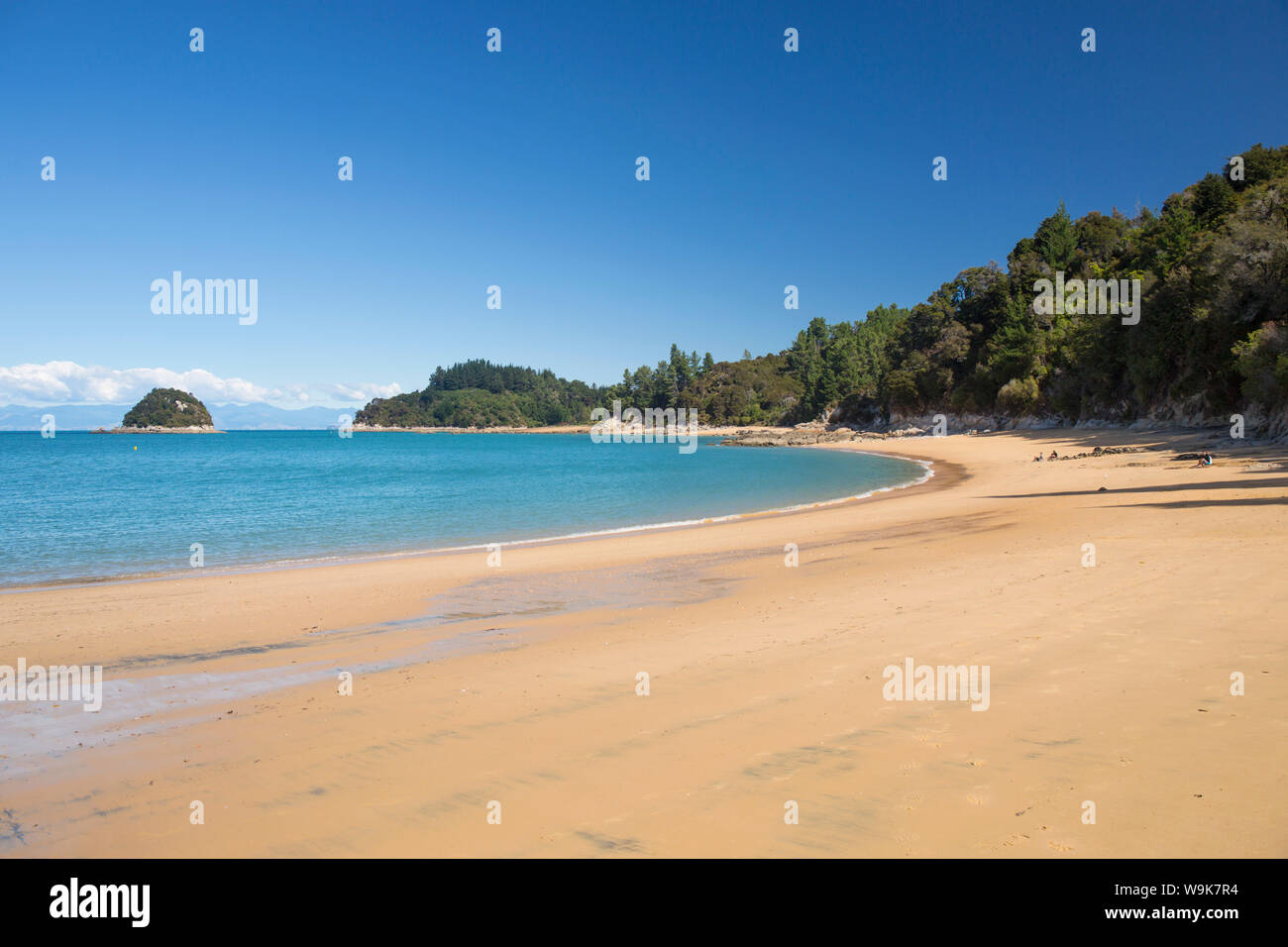 View along the sandy beach at Towers Bay, Kaiteriteri, Tasman, South Island, New Zealand, Pacific Stock Photo