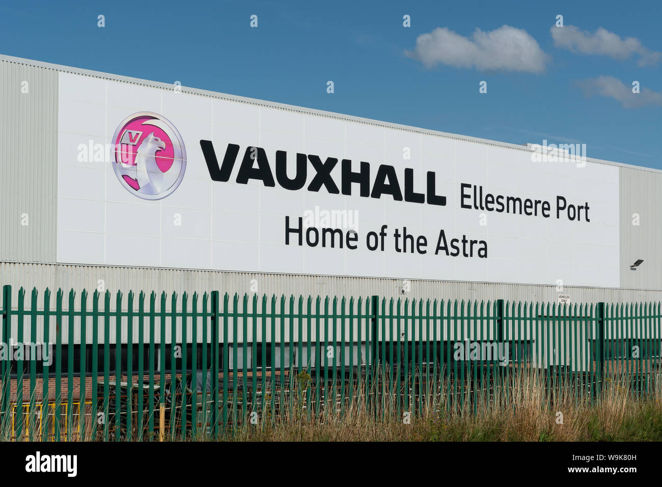 Signage outside the Vauxhall car manufacturing plant located in Ellesmere Port, Wirral, Merseyside, UK. Stock Photo