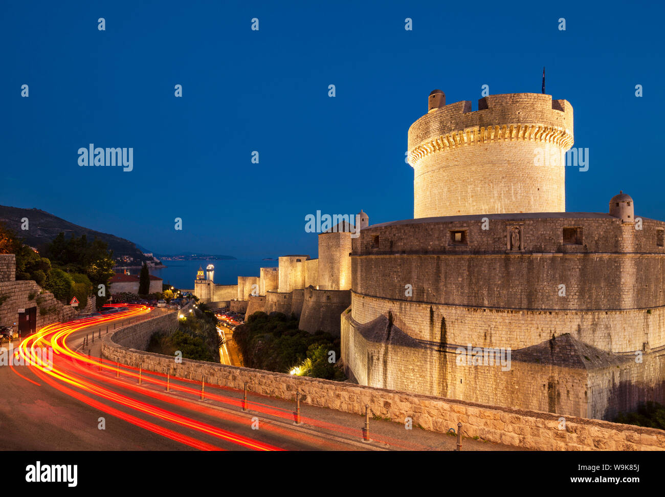 Minceta tower and city walls with traffic light trails, Dubrovnik Old Town, Dubrovnik, Dalmatian Coast, Croatia, Europe Stock Photo