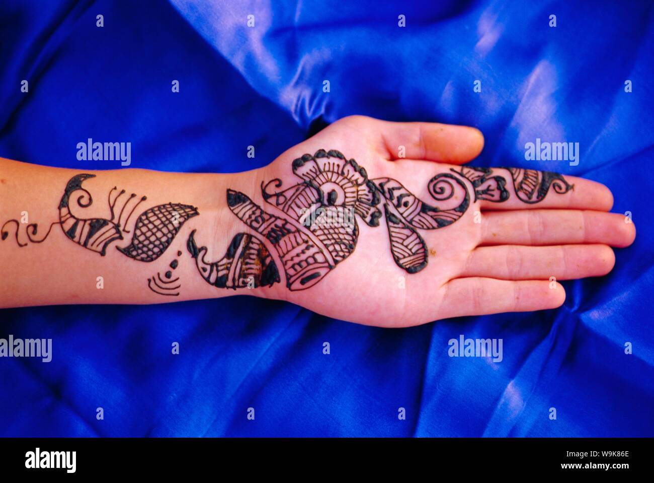 Woman's hand decorated with henna design, Rajasthan, India Stock Photo