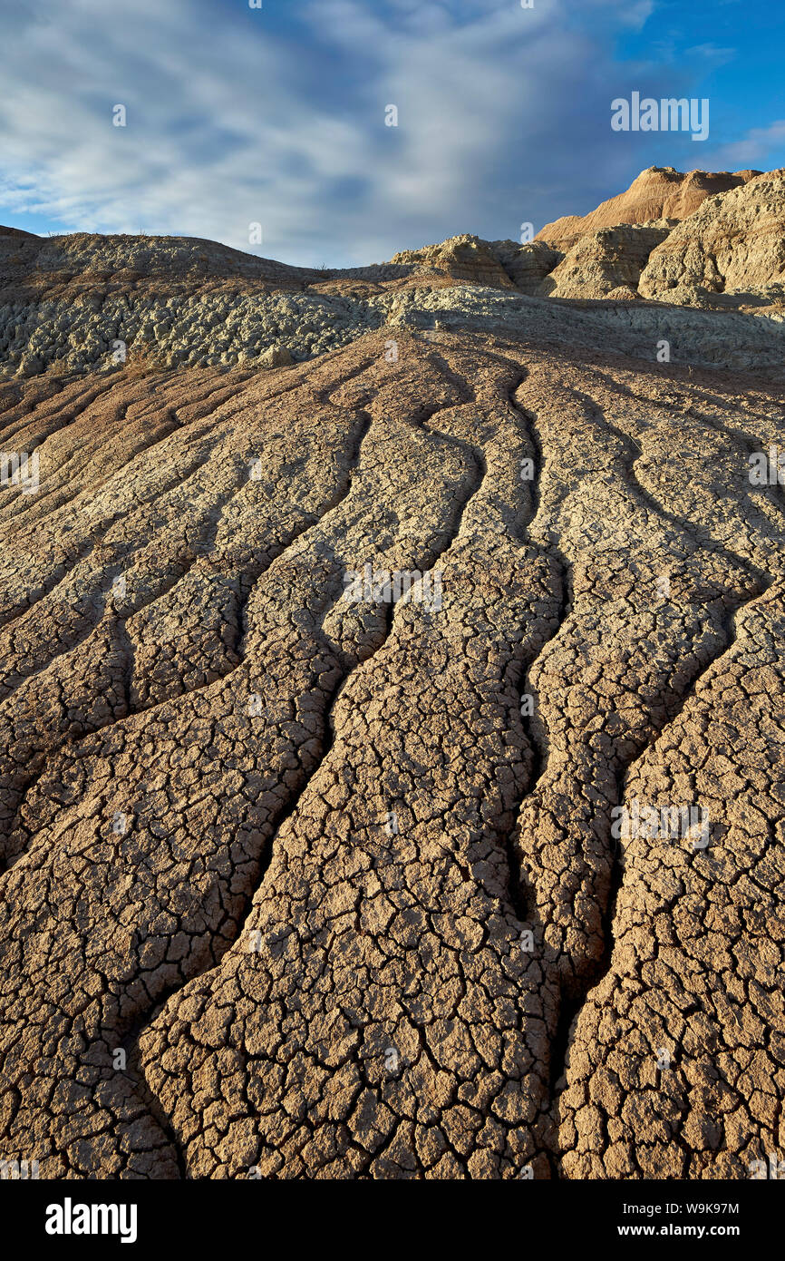 Cracks in eroded badlands, Badlands National Park, South Dakota, United States of America, North America Stock Photo