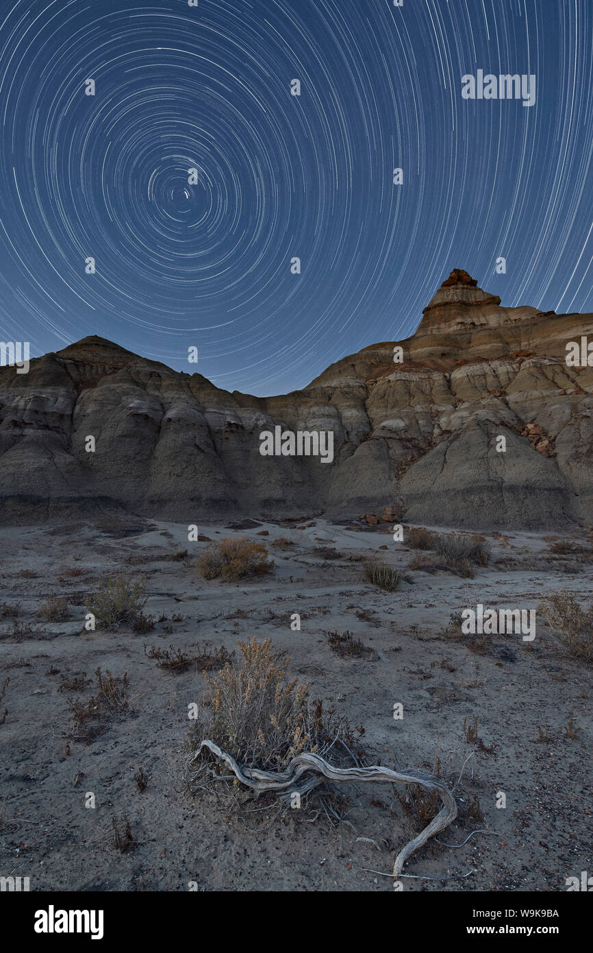 Star trails over the badlands, Bisti Wilderness, New Mexico, United States of America, North America Stock Photo