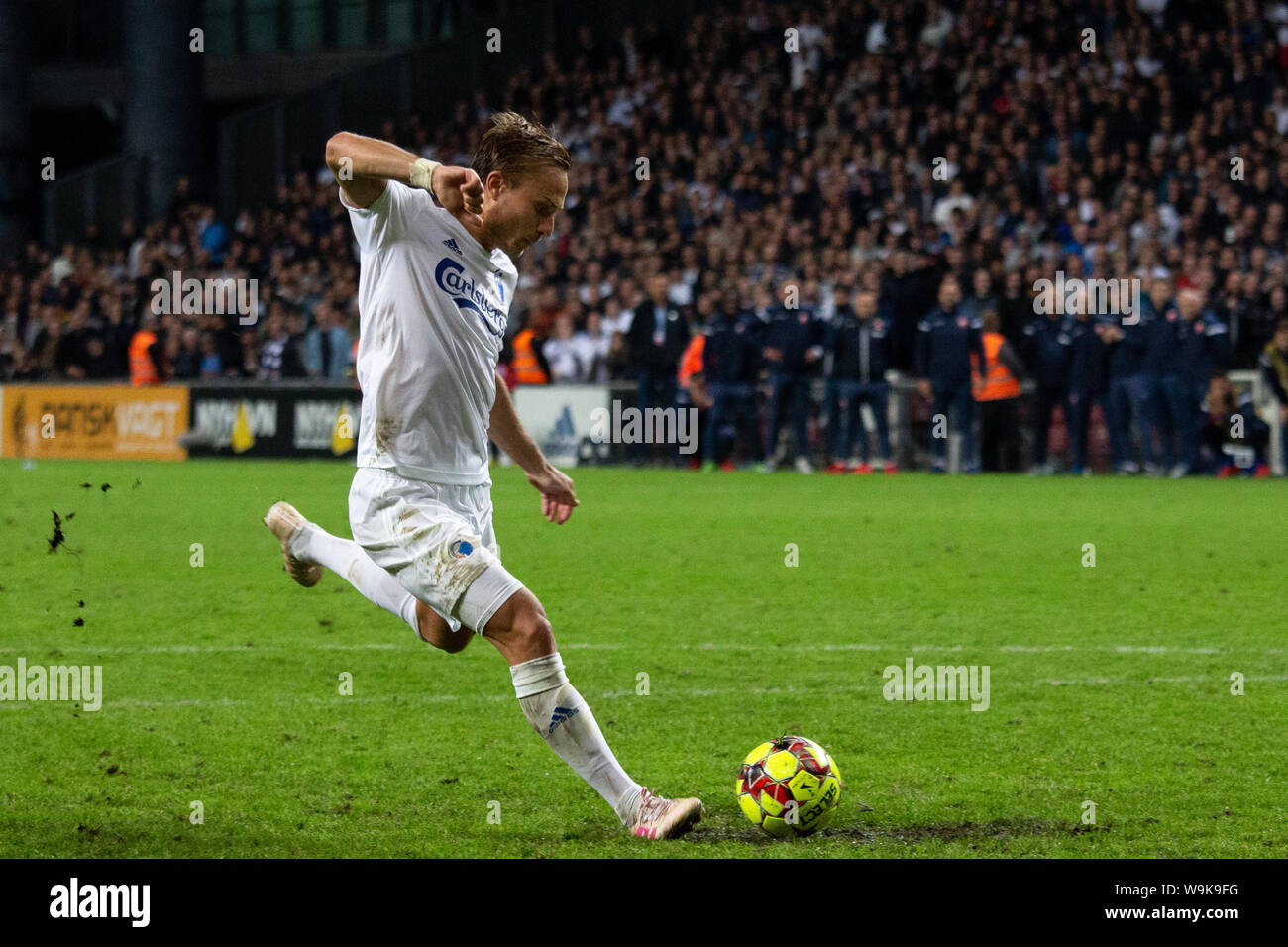 Copenhagen, Denmark. 13rd, August 2019. Pierre Bengtsson (3) of FC Copenhagen misses from the penalty spot during the Champions League qualification match between FC Copenhagen and Red Star Belgrade at Telia Parken. (Photo credit: Gonzales Photo - Dejan Obretkovic). Stock Photo